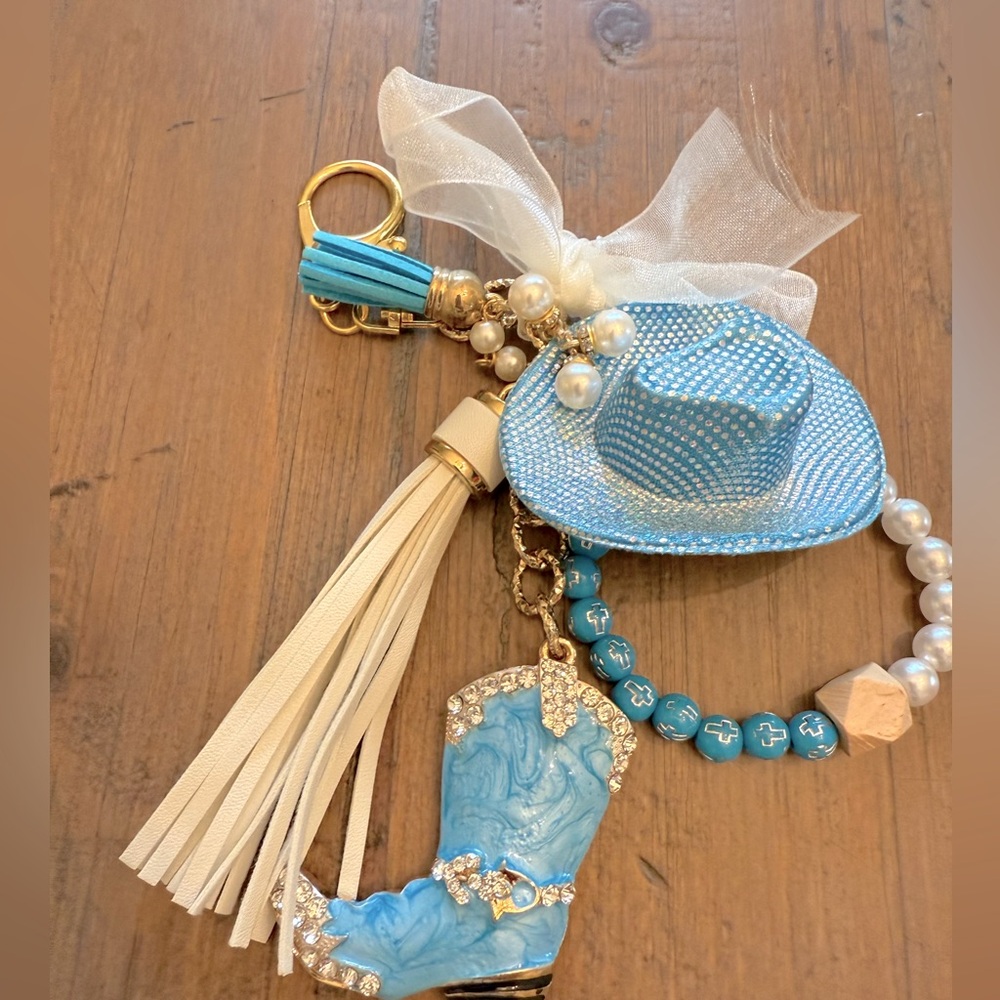 Handbag charm/keychain cowboy hat, boot, tassel in blue turquoise/cream colors.